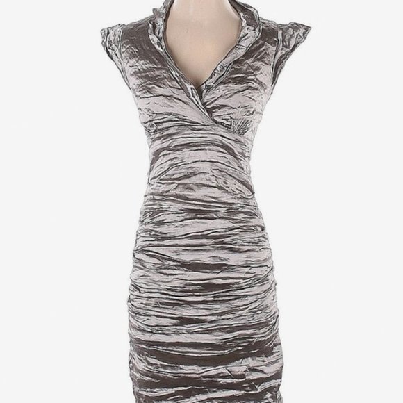 Nicole Miller | Ruched rose-gold metallic cocktail dress w/cap sleeves - Picture 1 of 16